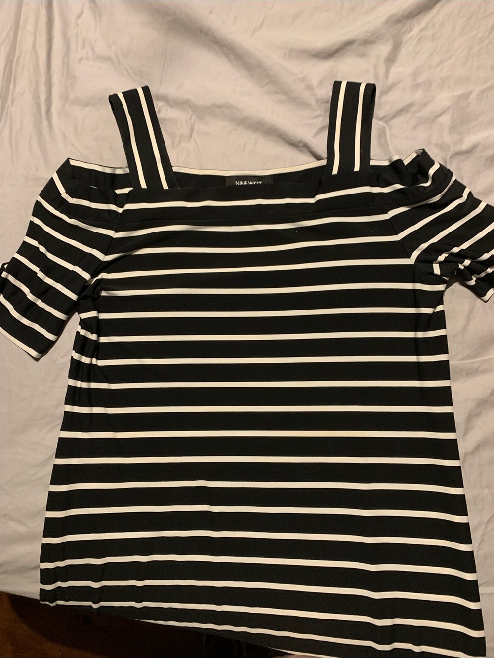 Nine West Black & White Striped Cold-Shoulder Top